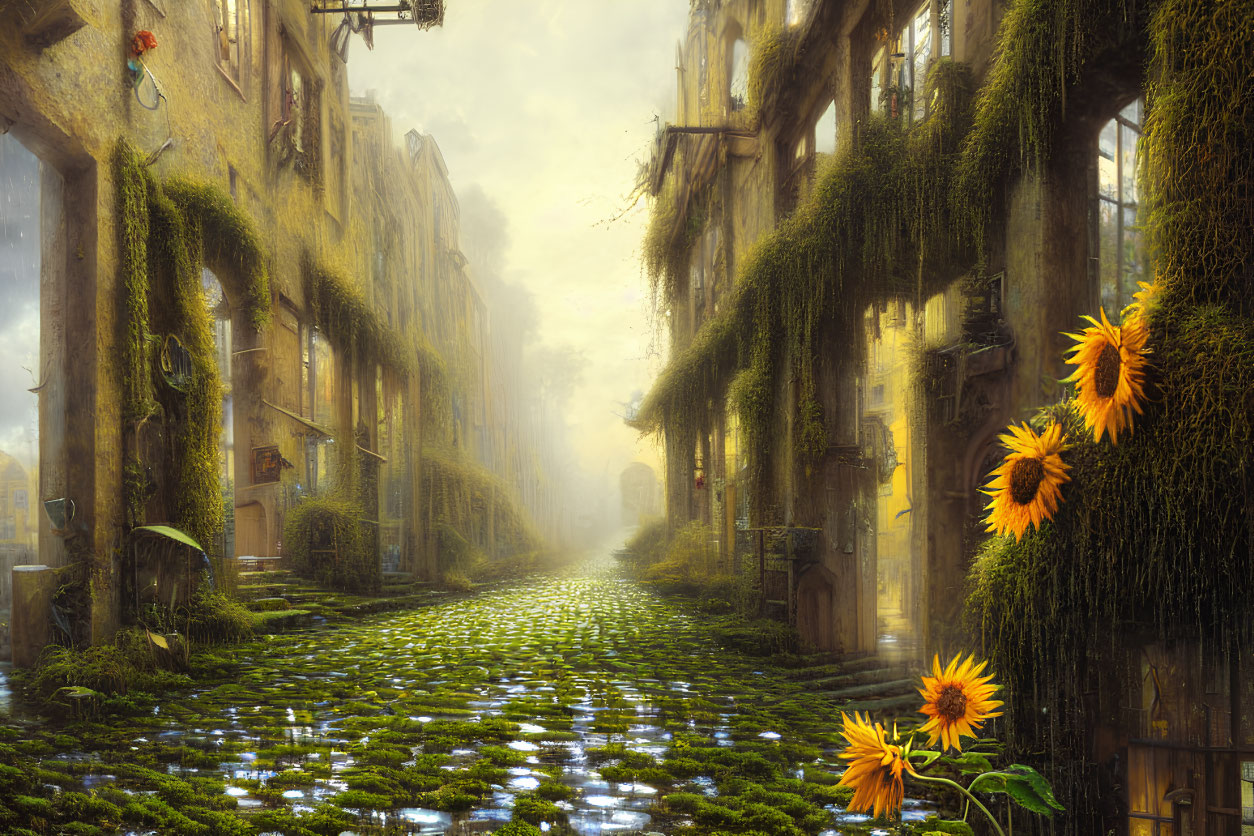 Sunlit cobblestone alley with ivy buildings, puddles, and sunflowers