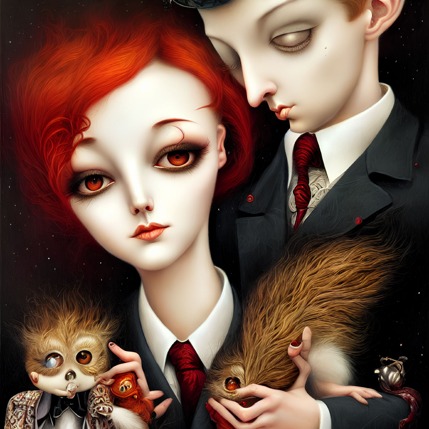 Red-haired girl and boy holding surreal rodents in dark, romantic illustration