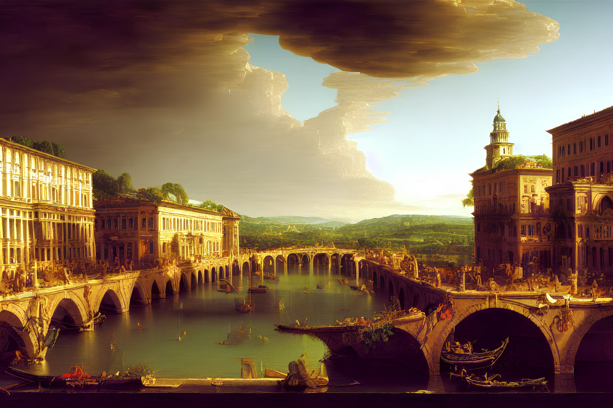 Classical painting of idyllic city with grand buildings, bridge, boats, and dramatic sky