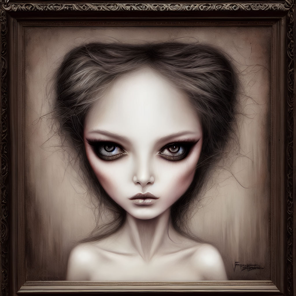 Stylized Gothic portrait of wide-eyed girl in ornate vintage frame