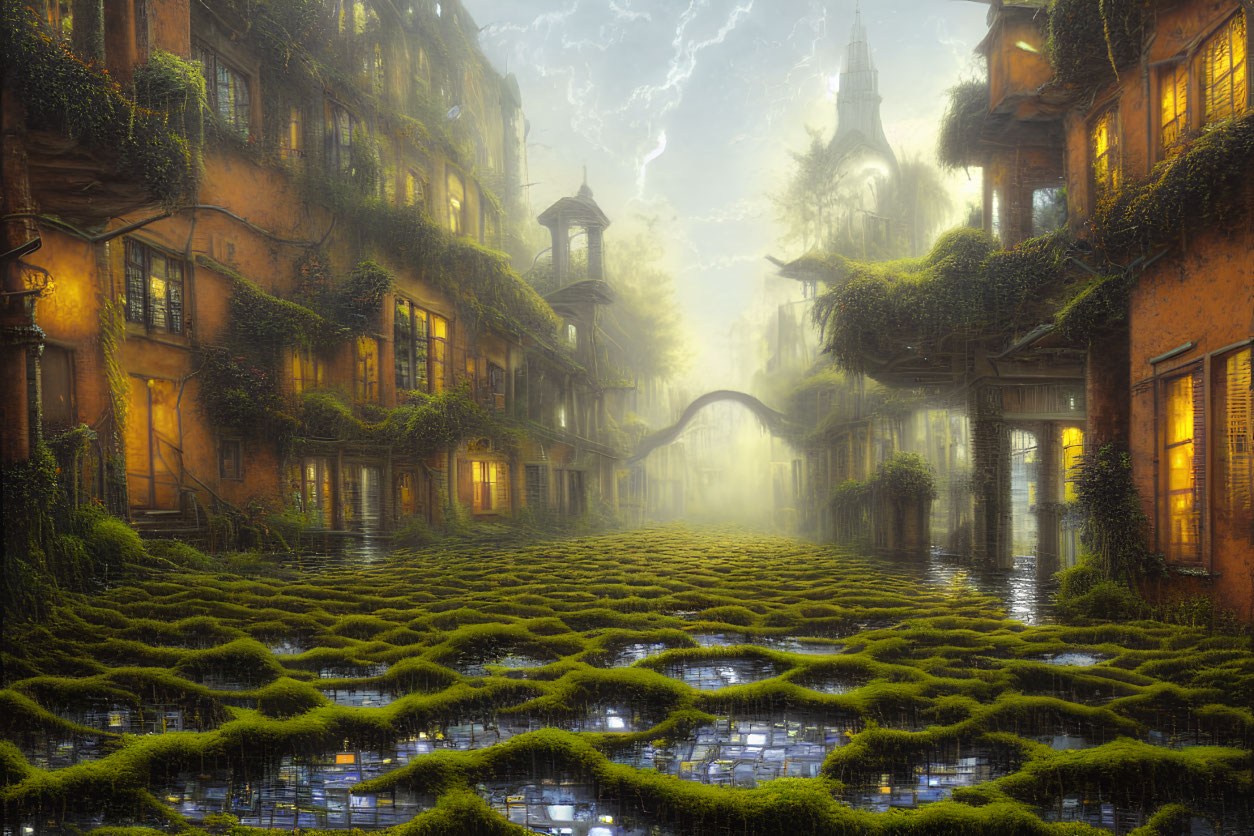 Ethereal cityscape with overgrown greenery and stormy sky