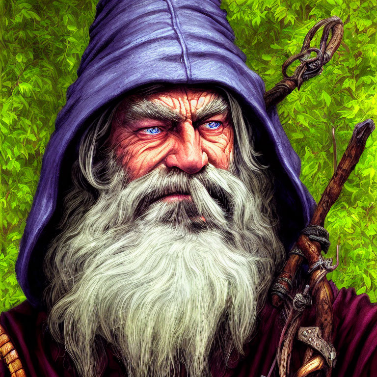 Blue-eyed wizard with white beard, cloak, staff on leafy background