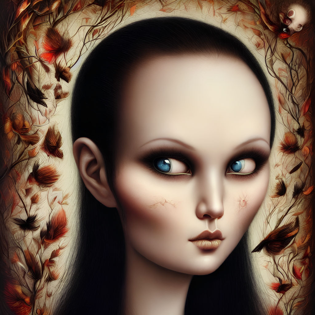 Portrait of a person with large blue eyes in surreal autumn scene