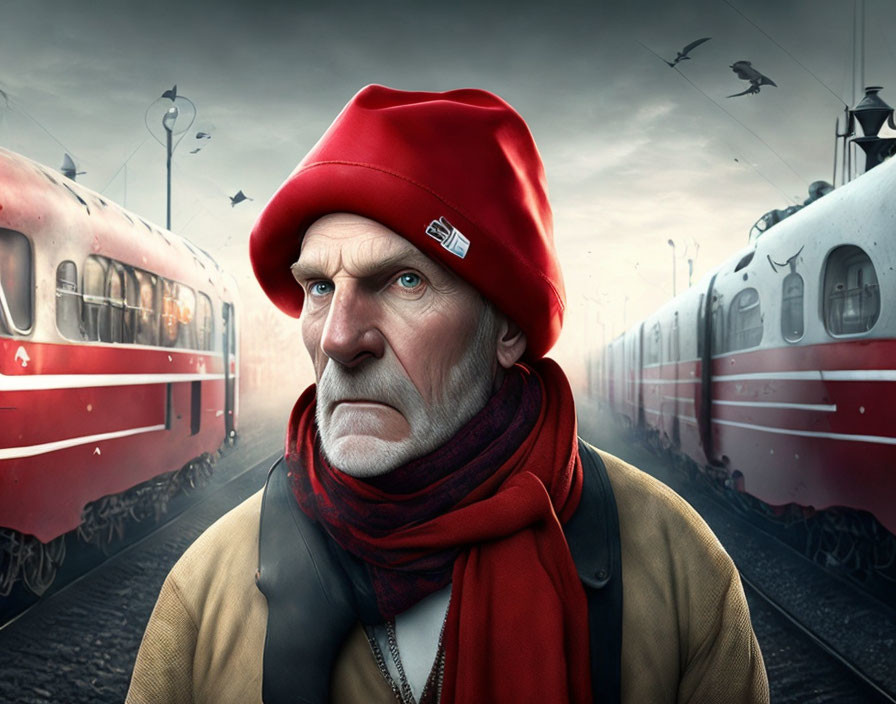 Elderly man in red beanie and scarf between two trains on foggy platform