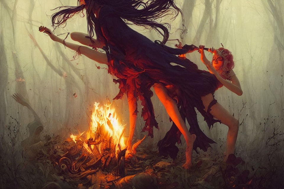 Ethereal figures dancing in mystical forest with staff and fire