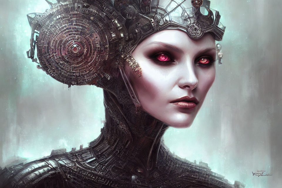 Female cyborg digital art with red eyes and intricate mechanical details