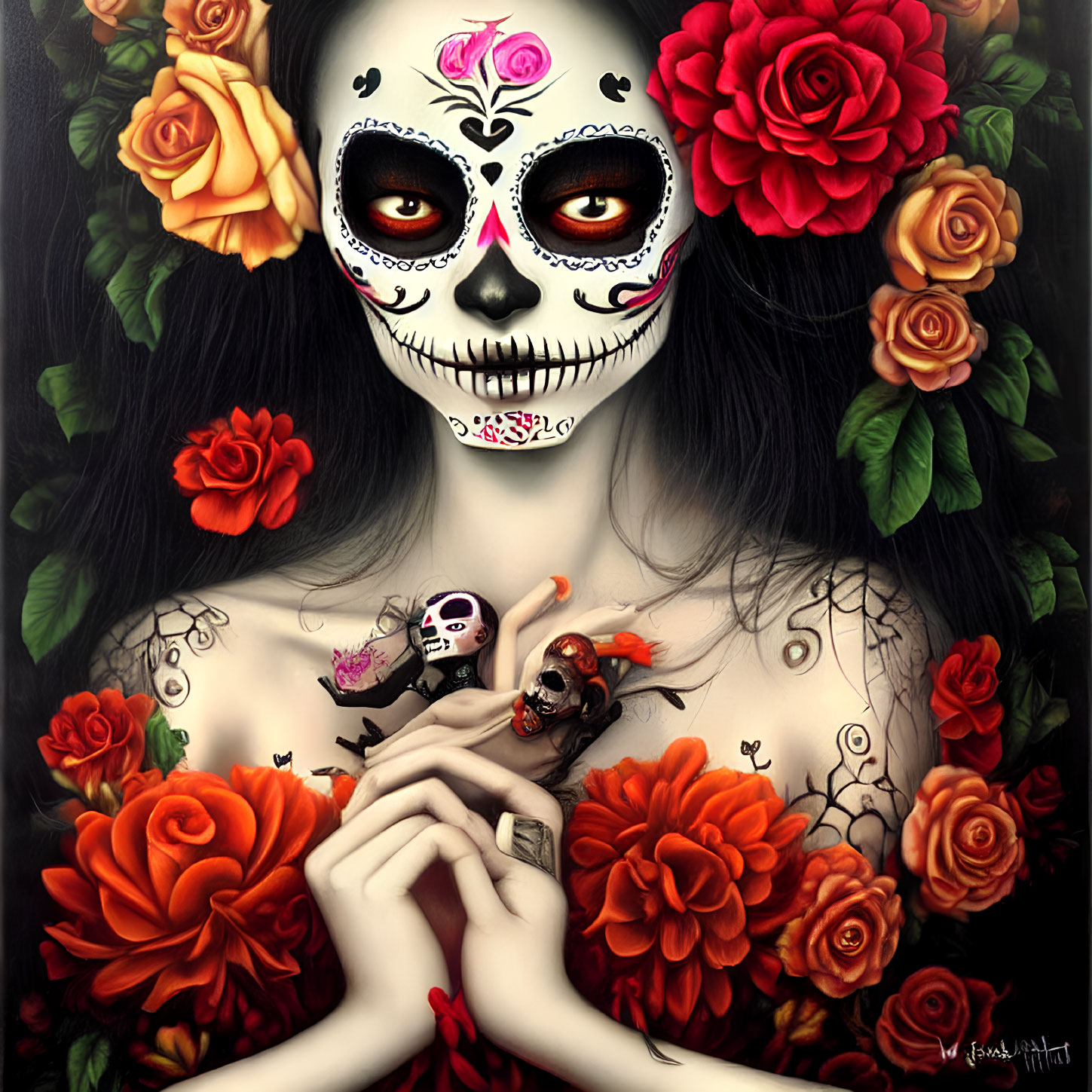 Illustrated woman with skull face and roses in Dia de los Muertos makeup