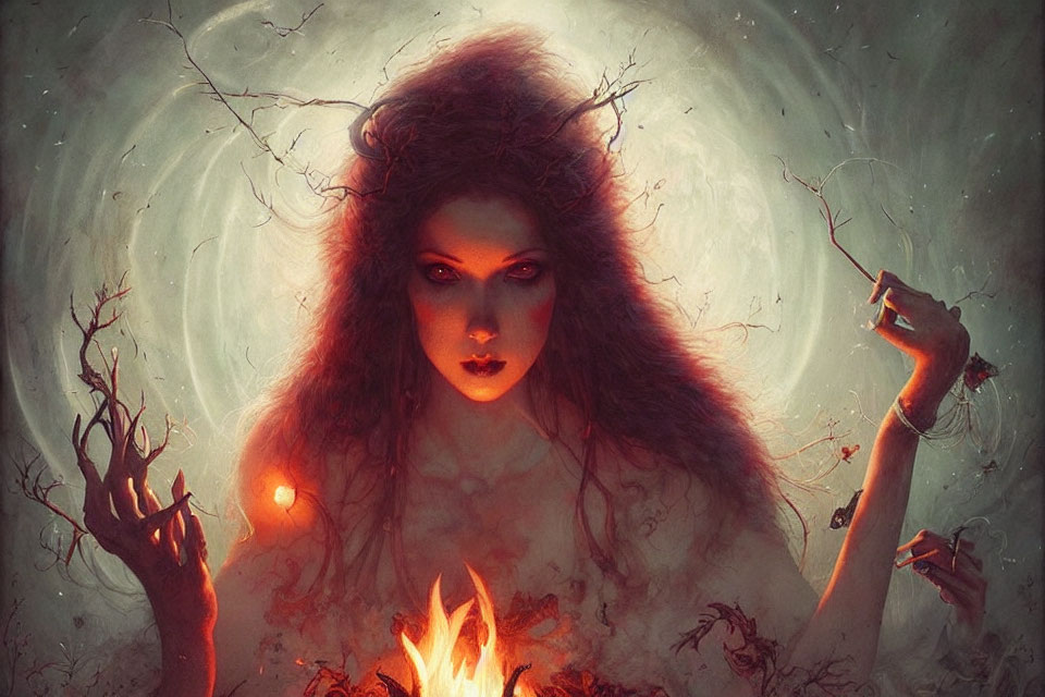 Mystical figure with glowing red hair in dark forest setting