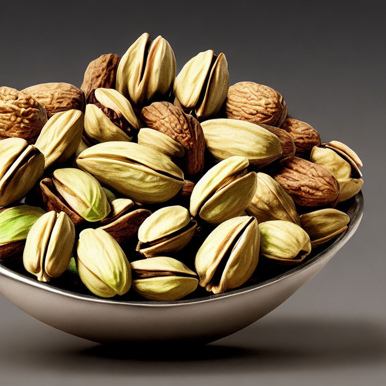 Mixed Nuts Bowl with Green Pistachios and Brown Walnuts on Neutral Background