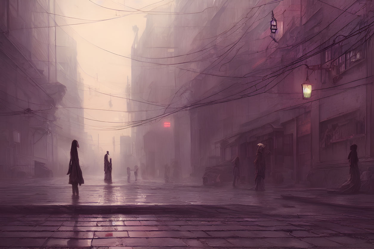 Misty city street scene with silhouetted figures and glowing street lamps