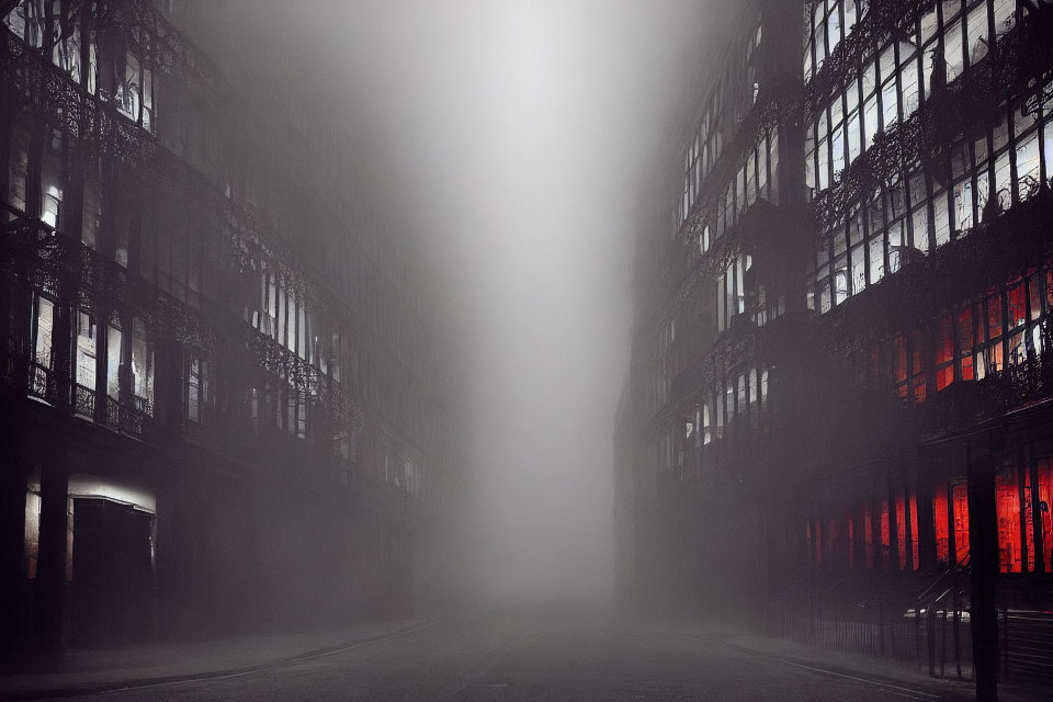 Foggy urban street with intricate facades and red glow