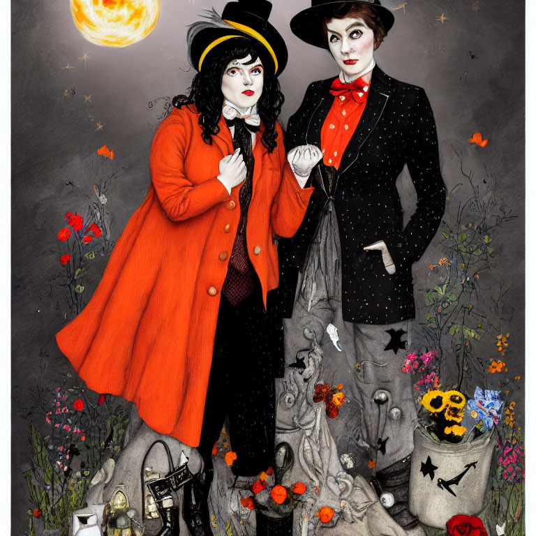 Gothic-inspired characters in moonlit Halloween scene