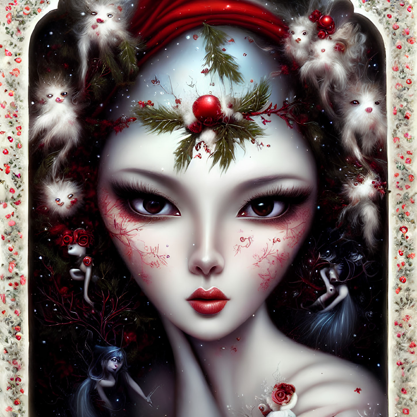 Fantastical woman portrait with holly, white cats, fairies, and floral backdrop