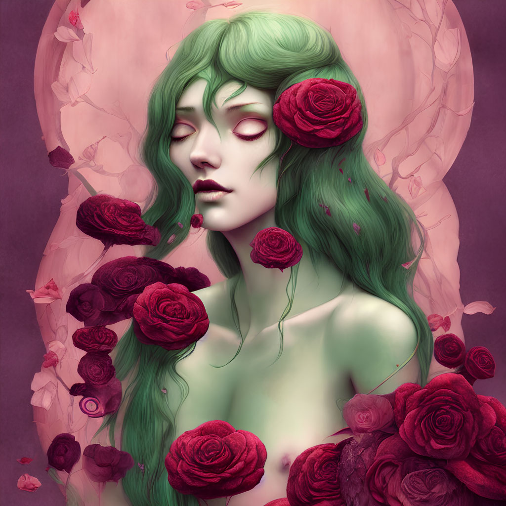 Illustration of woman with green hair and red roses on pink background