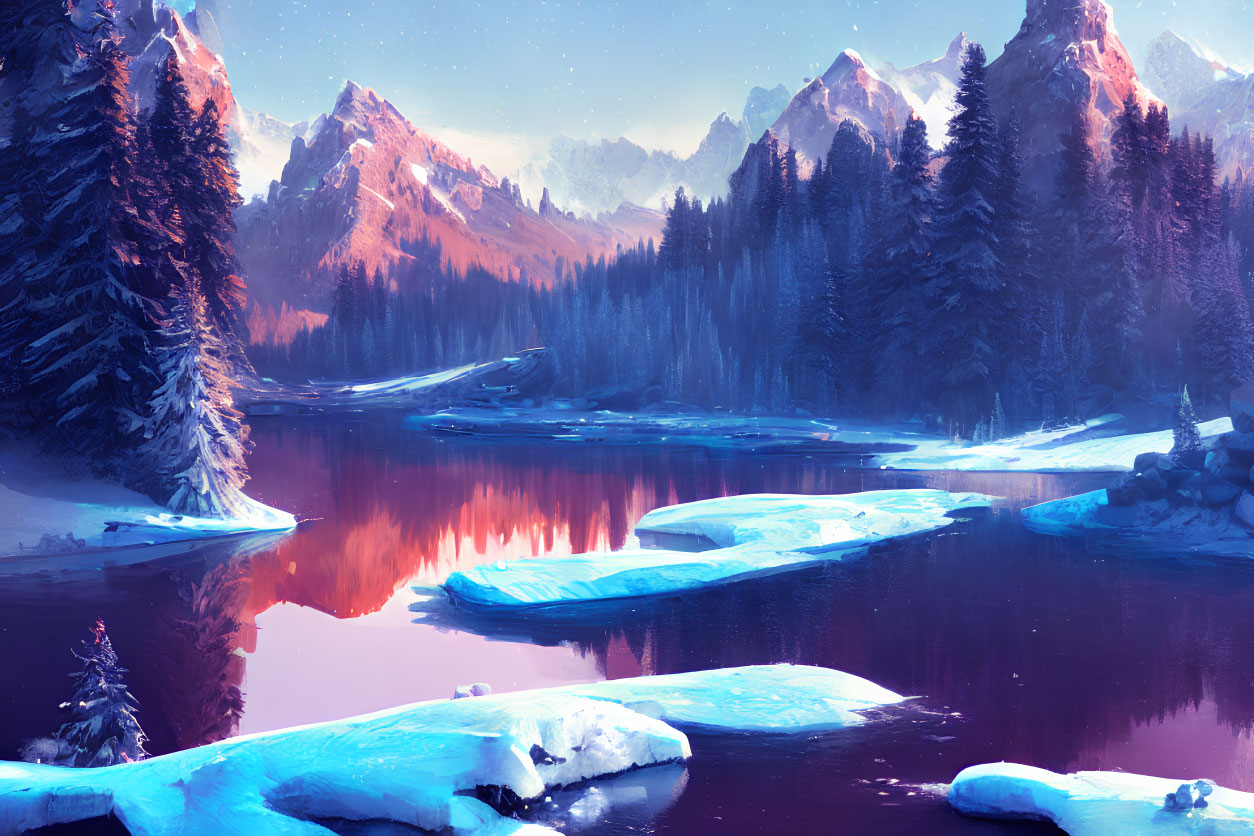 Snowy Winter Landscape with Pink Skies Reflected in Lake