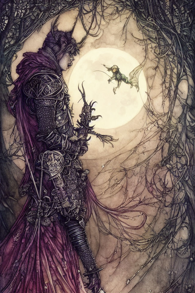 Fantastical warrior in purple armor in enchanted forest with fairy under full moon