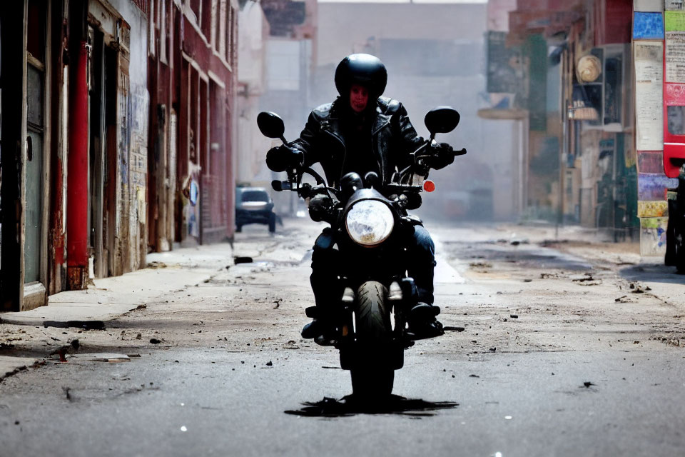 Person in black riding gear on motorcycle in urban setting