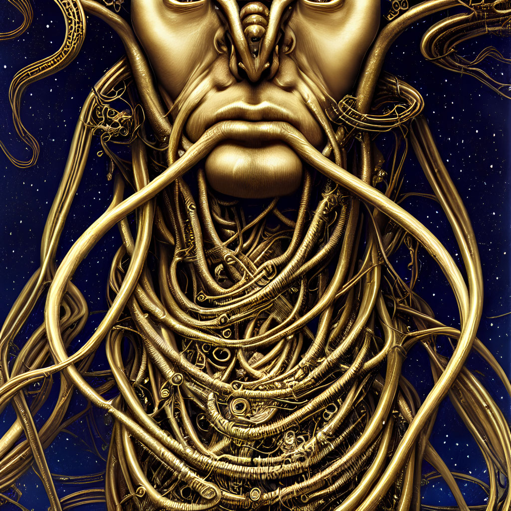 Golden mechanical face with cables and hoses on starry backdrop.