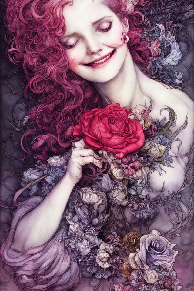 Whimsical illustration of woman with red curly hair and roses