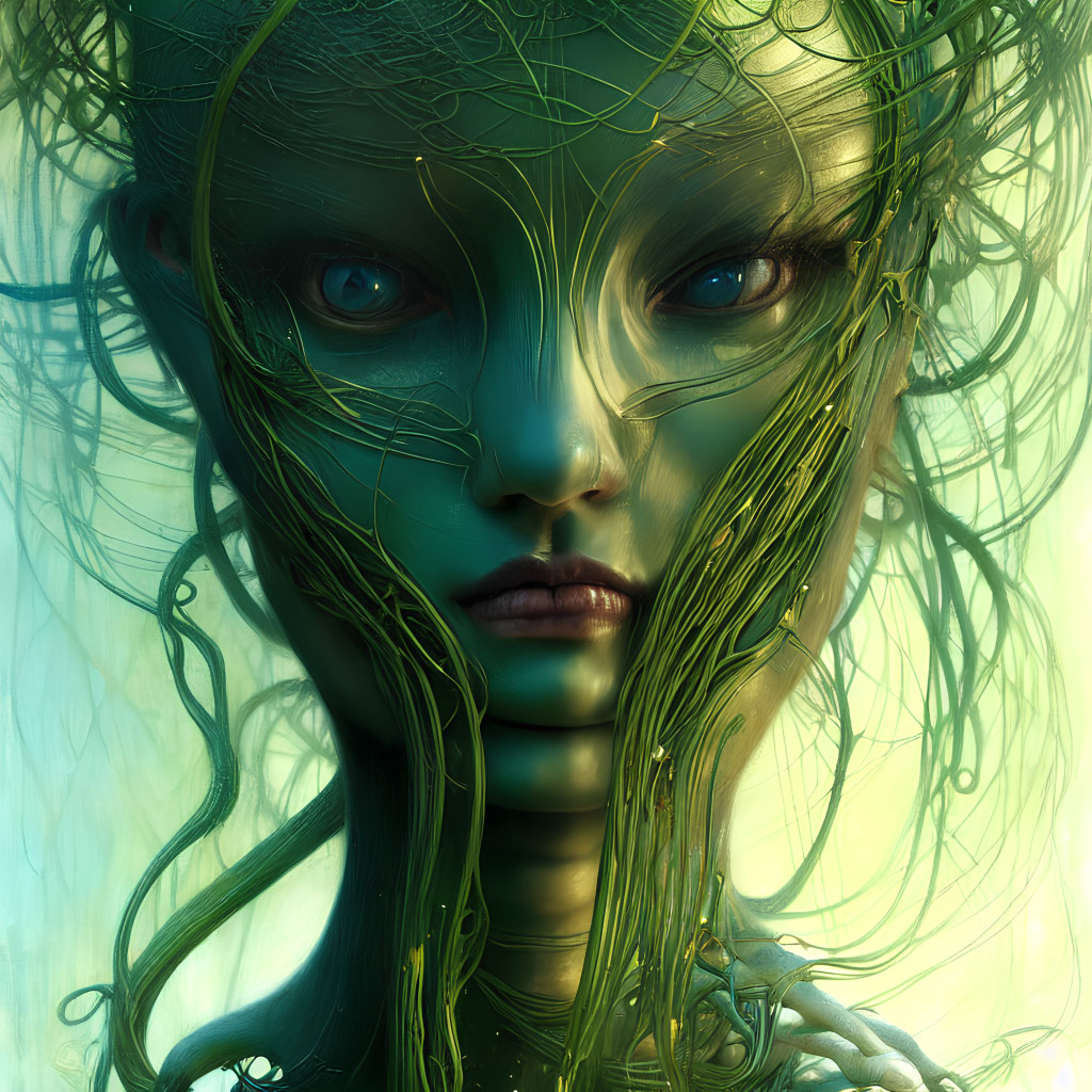 Mystical green-skinned figure with intricate vines and tendrils in hair