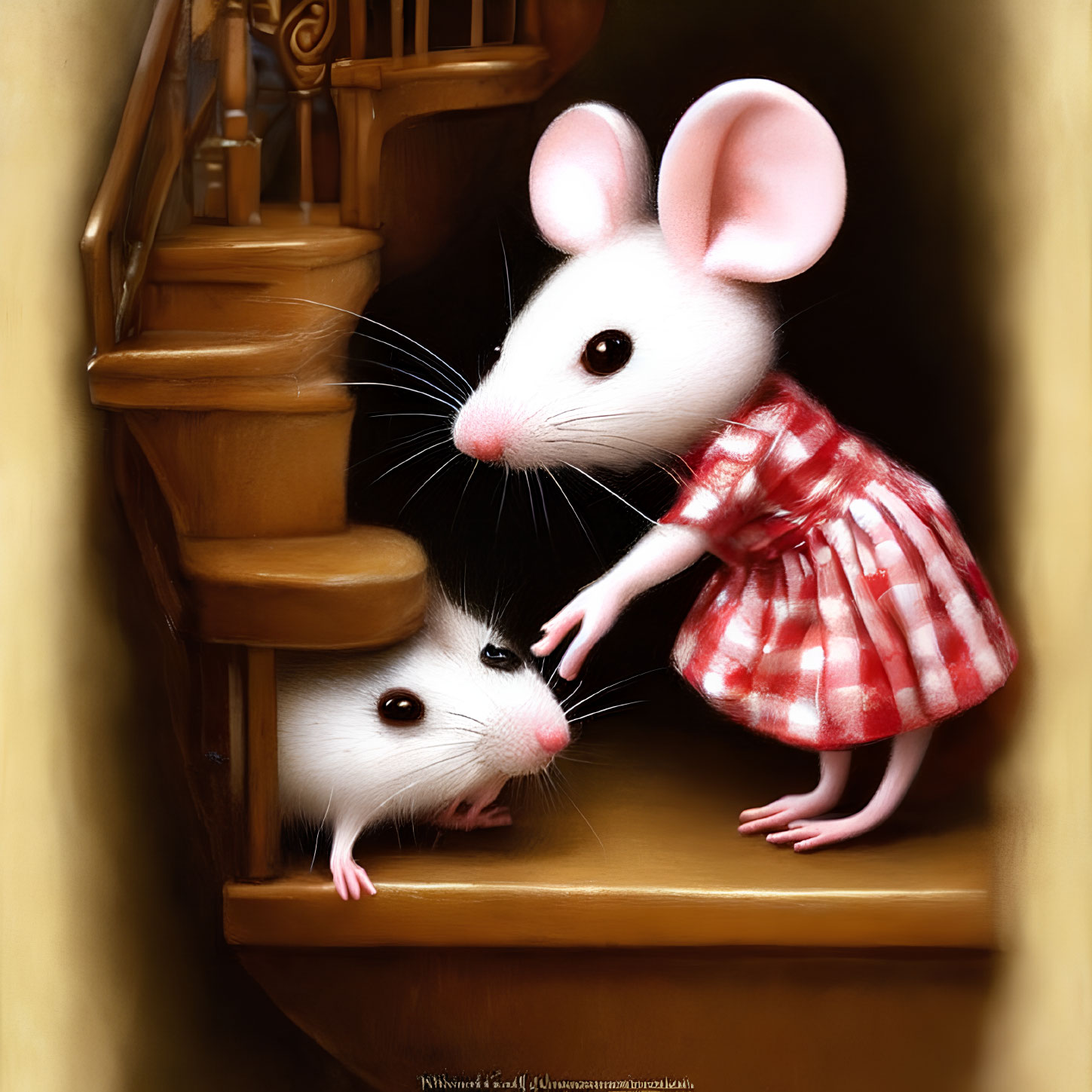 Anthropomorphic mice on staircase; one in red dress, other peeking.