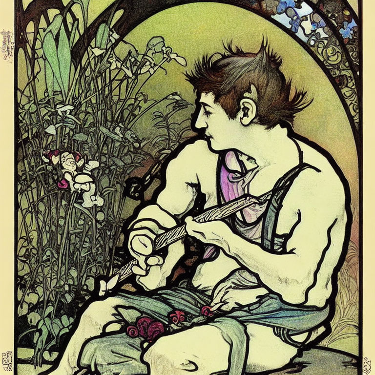 Art Nouveau Style Illustration of Satyr Playing Stringed Instrument