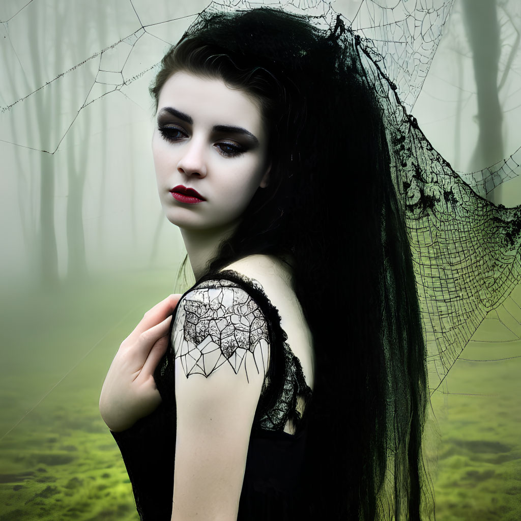 Woman with dark makeup in spider web motif in misty forest.