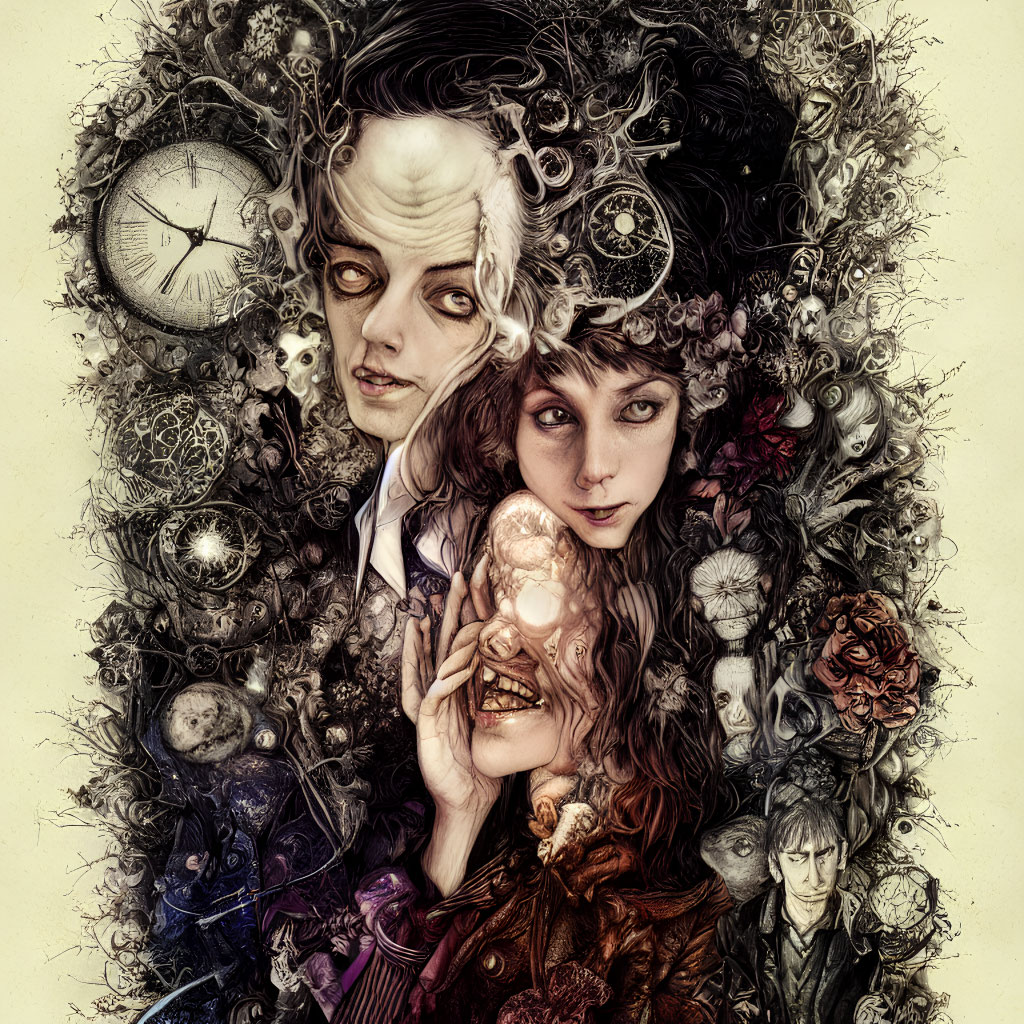 Surreal artwork: Two characters with clockwork hair, roses, skulls, and glowing orb.