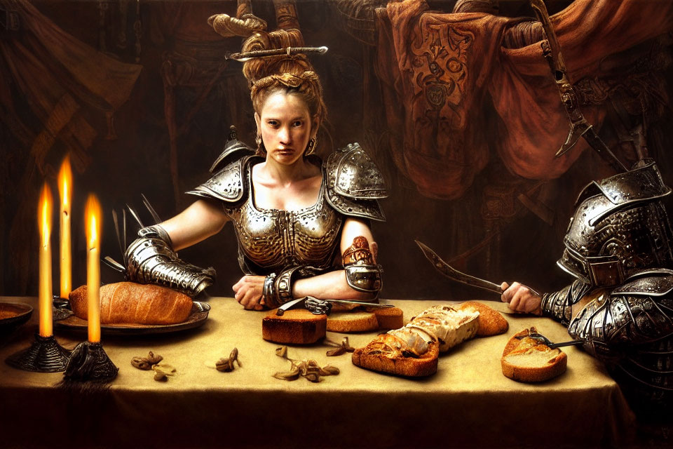 Medieval-themed image: Woman in armor at table with bread, goblet, candles, and helmet