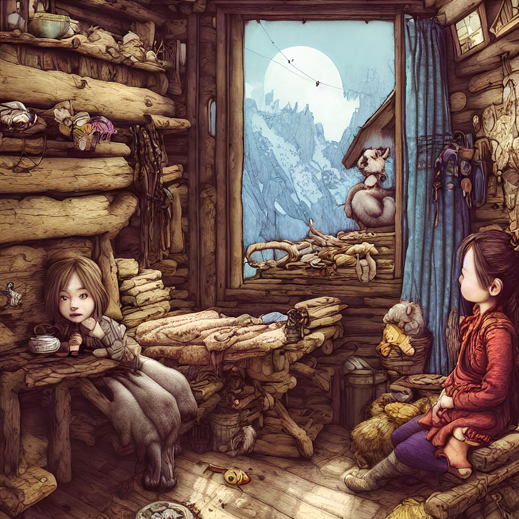 Cozy wooden cabin with snowy mountain view and plush toys.