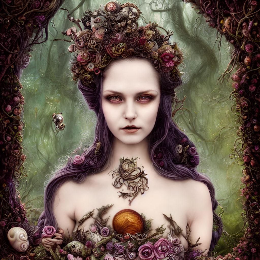 Pale woman with purple hair in floral crown surrounded by greenery, snail, and bee.