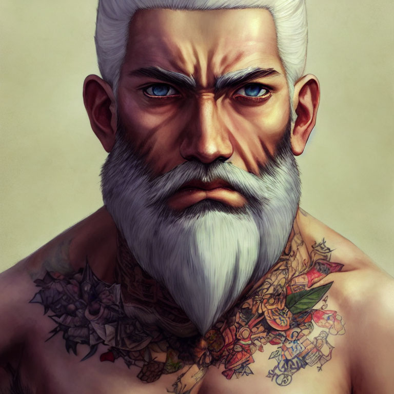 Detailed illustration of stern man with blue eyes, white beard, and colorful tattoos