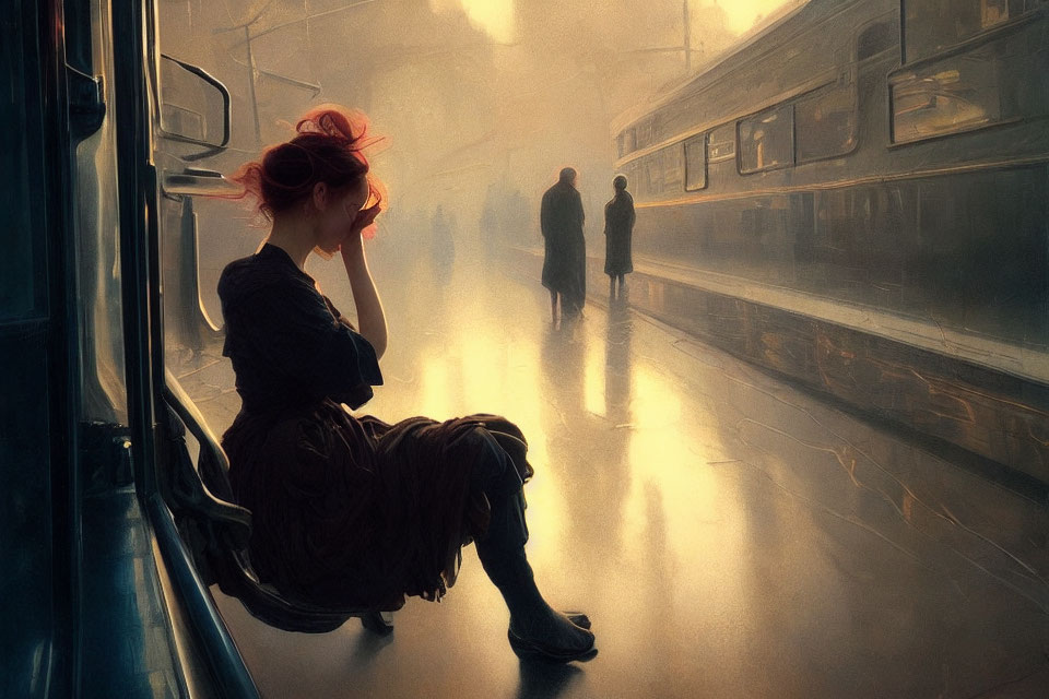 Person sitting on train platform, contemplating sunlit scene with figures and train in background