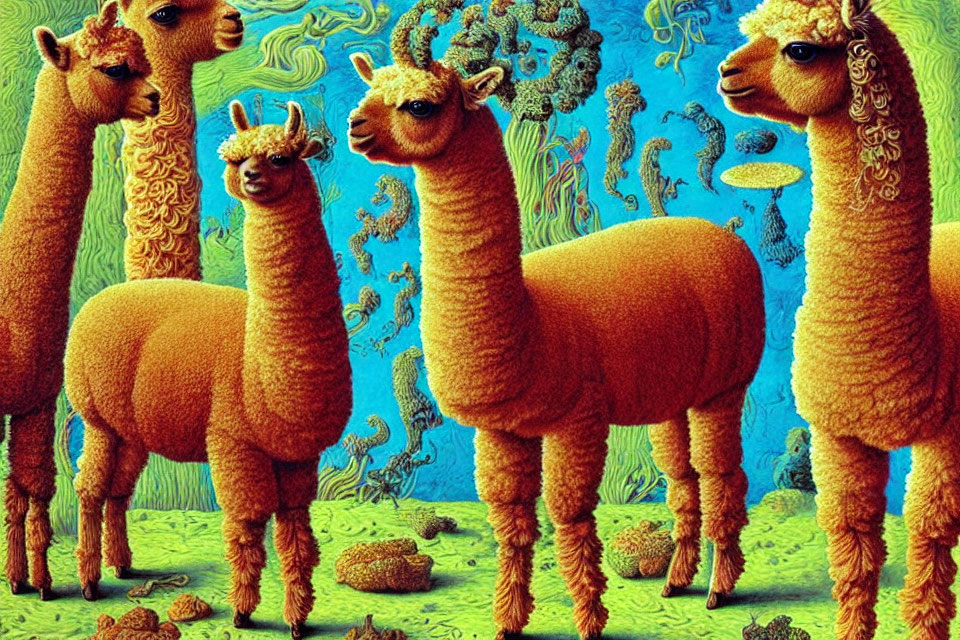 Stylized llamas with intricate fur patterns on a whimsical blue background