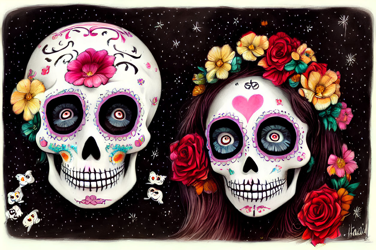 Decorated Día de los Muertos skulls with floral designs on starry background