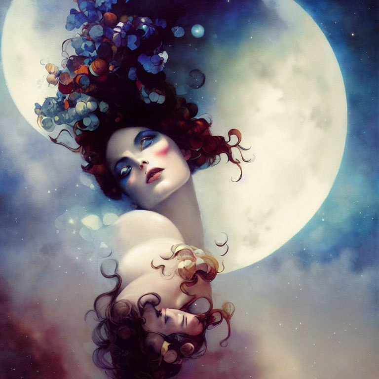 Vibrant red-haired woman with blue eyeshadow in surreal moonlit scene