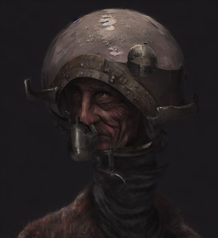 Digital artwork: Aged figure in futuristic helmet with respirator and neck seal