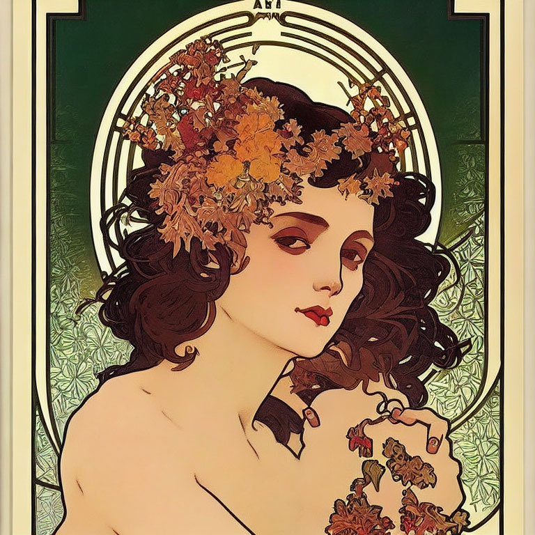 Woman with floral crown in Art Nouveau style illustration