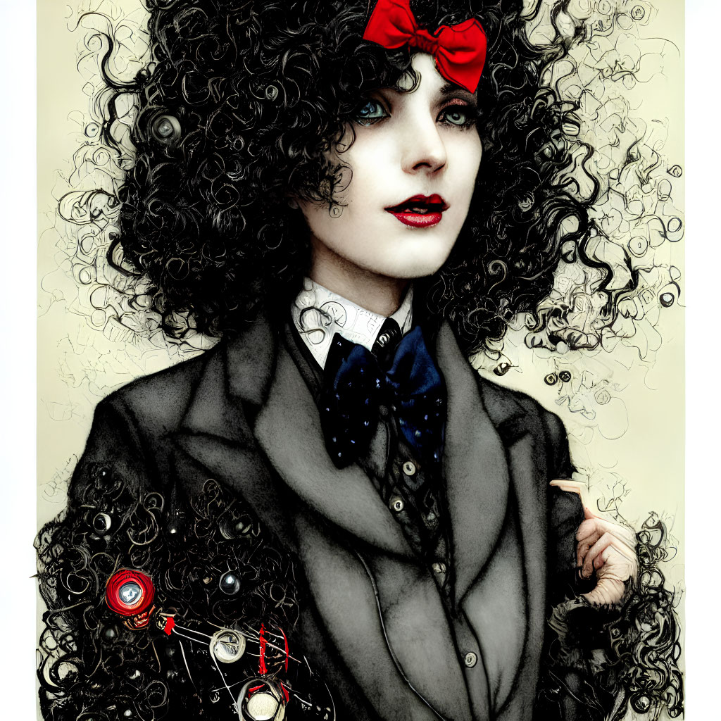Illustrated character with voluminous black curly hair, red bow, blue eyes, pale skin, dark