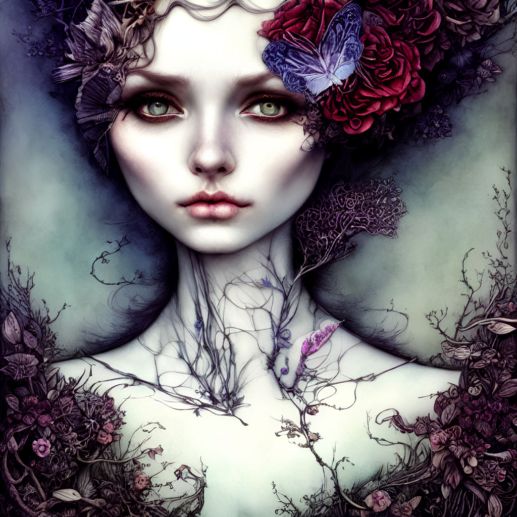 Pale woman with green eyes, dark florals, and butterfly in digital art