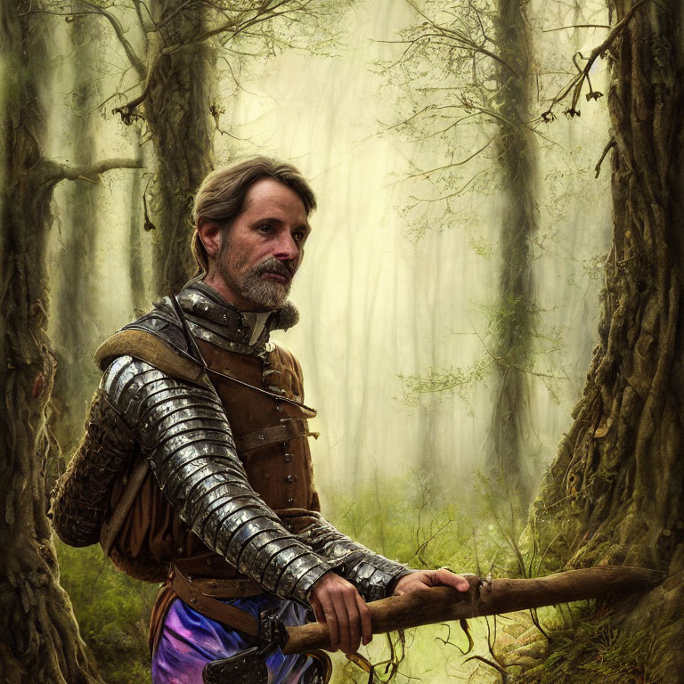 Bearded knight in full plate armor with battle axe in misty forest