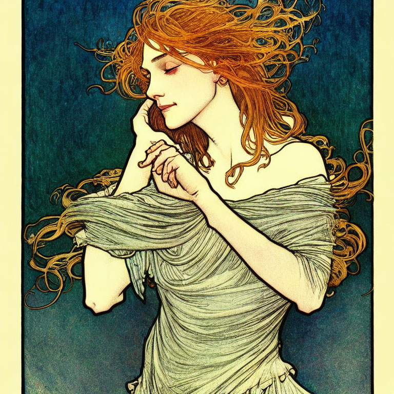 Art Nouveau Style Illustration: Woman with Red Hair in Off-Shoulder Dress