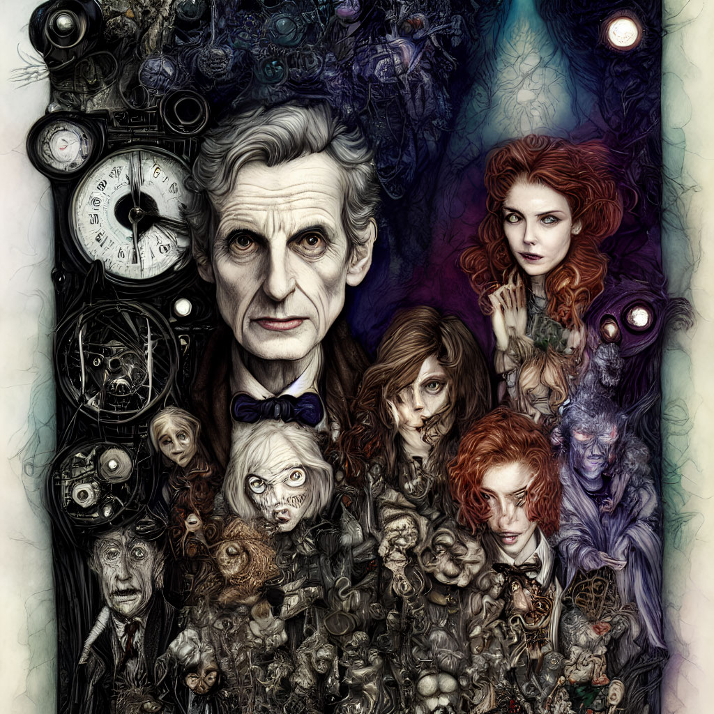 Detailed illustration of man with expressive eyes surrounded by fantastical creatures in dark setting