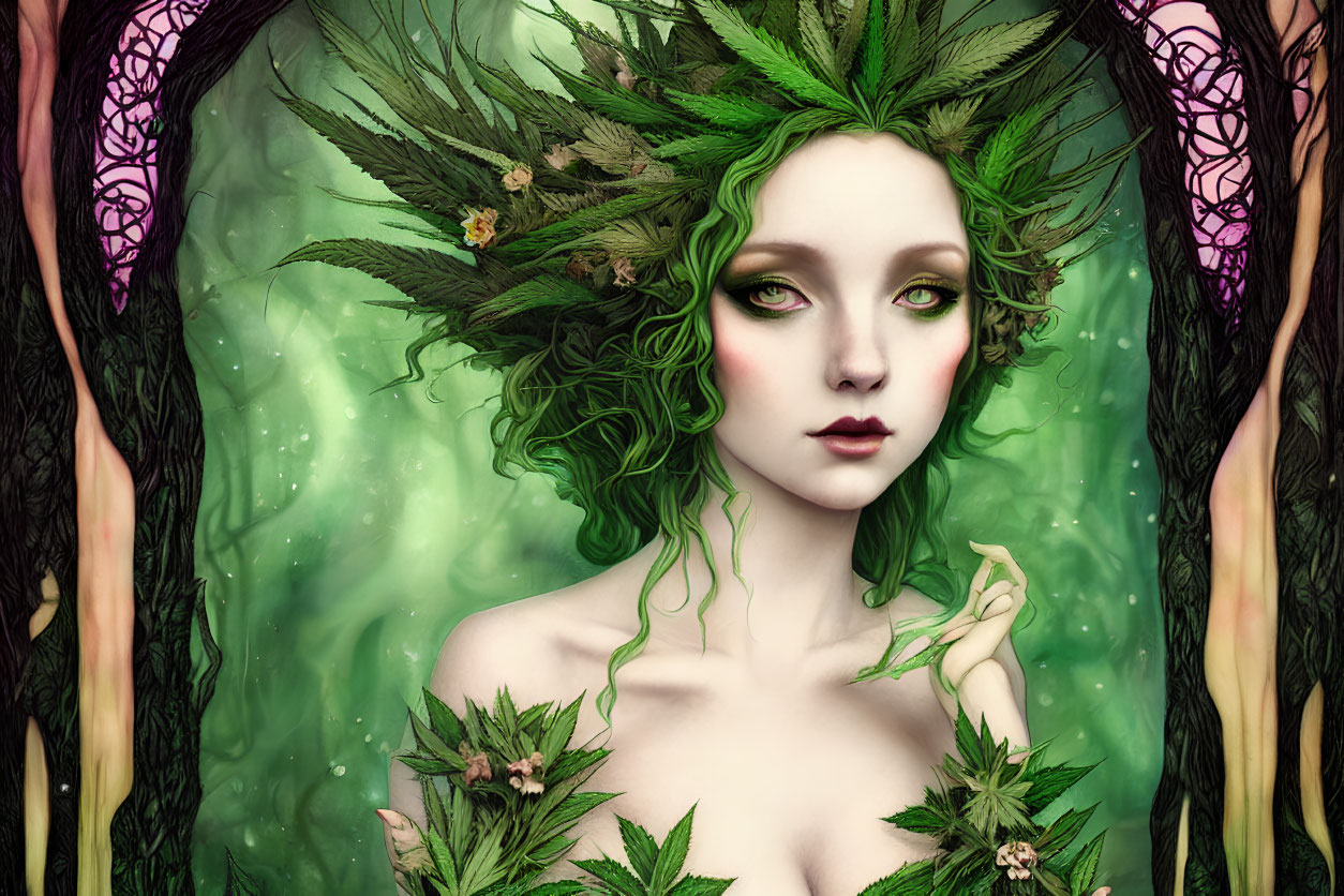 Fantasy illustration of person with green hair in mystical forest