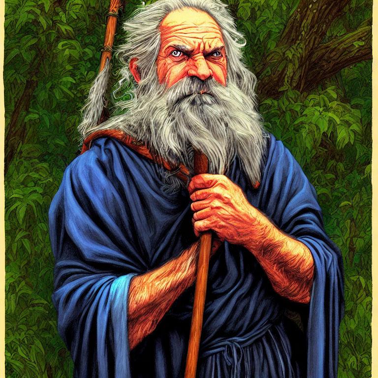 Elderly man with long white beard in blue cloak, holding staff, in forest setting