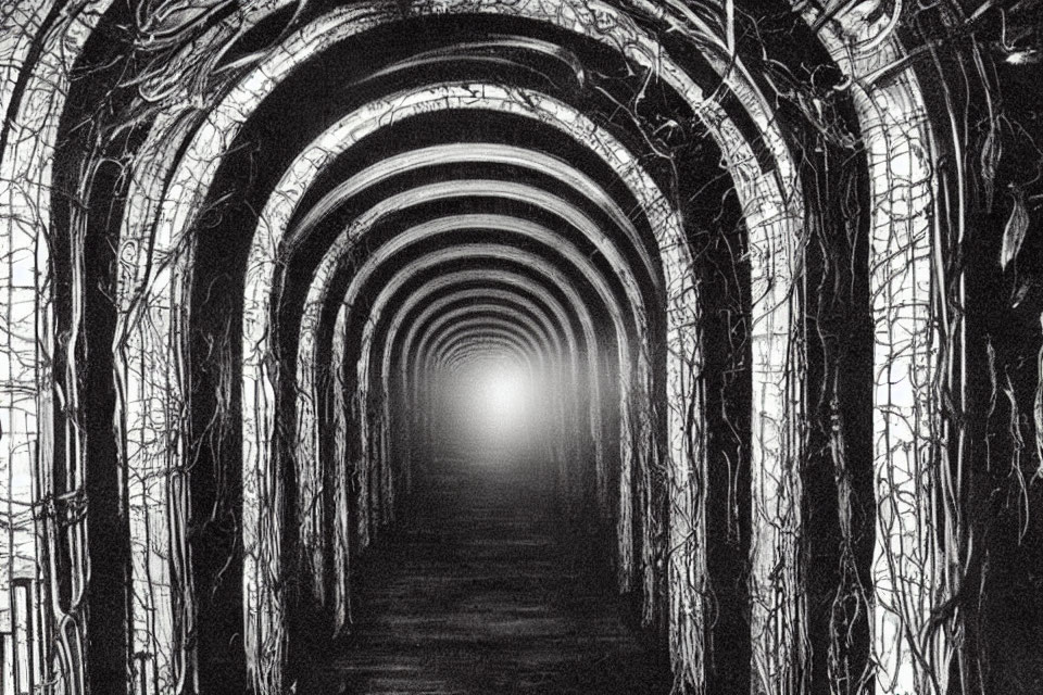 Monochrome tunnel with arched walls and intricate patterns, light ahead