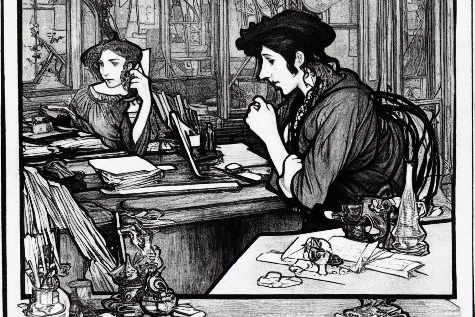 Detailed Vintage Black and White Illustration of Two Women at Desk