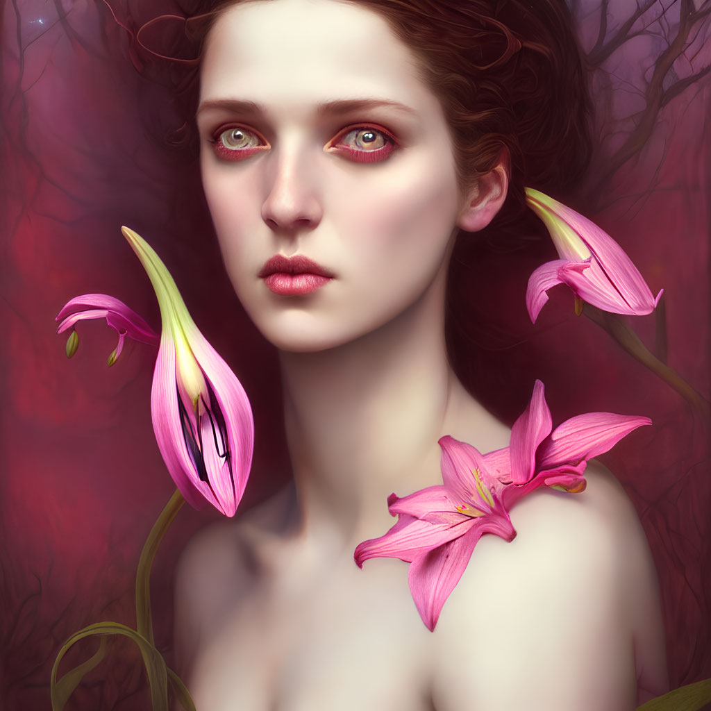 Portrait of Woman with Red Eyes Surrounded by Pink Lilies in Mystical Setting