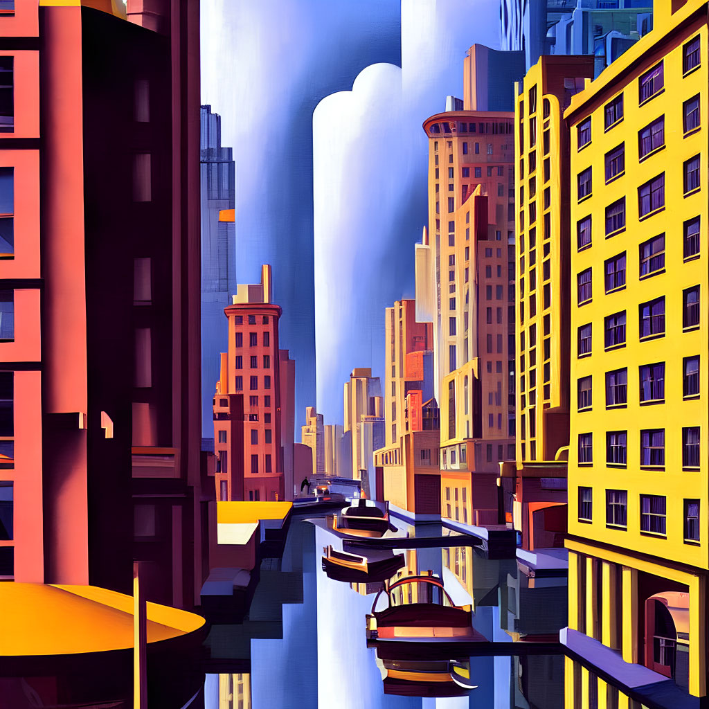 Colorful Stylized Cityscape with Flying Vehicles and Skyscrapers