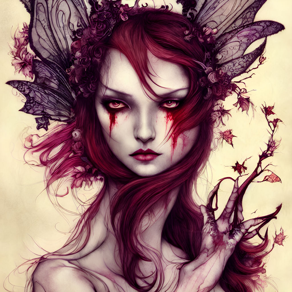 Fantasy portrait of red-haired female with red eyes and floral ear adornments